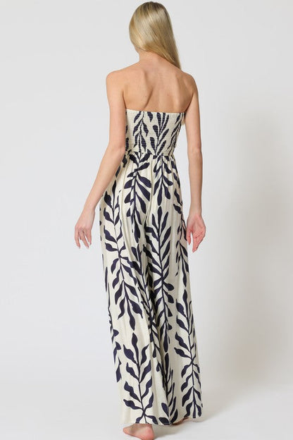 Desma Sleeveless Back Tie Tropical Print Wide Leg Jumpsuit Navy