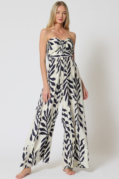 Desma Sleeveless Back Tie Tropical Print Wide Leg Jumpsuit Navy