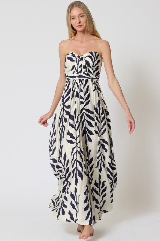 Desma Sleeveless Back Tie Tropical Print Wide Leg Jumpsuit Navy