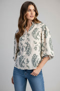 Florence Balloon Sleeve Button Down Printed Top Navy