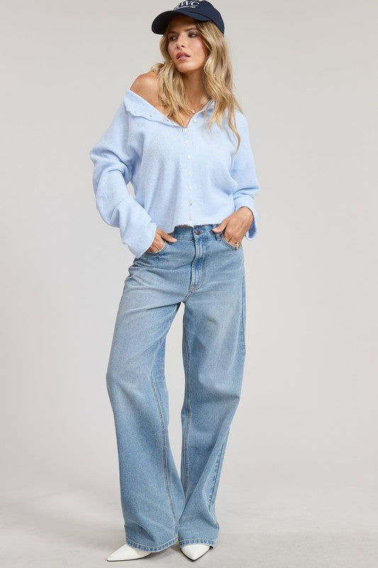 Tanya Long Sleeve Button Down Knit Cardigan Blue