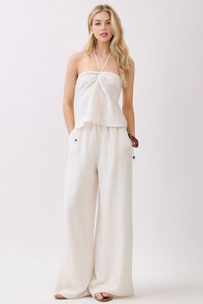 Tracy Sleeveless Halter Twist Front Top Oatmeal