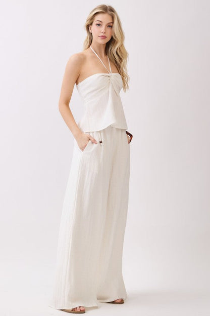 Tracy Sleeveless Halter Twist Front Top Oatmeal