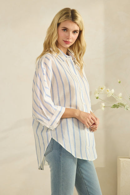 Trina 3/4 Sleeve Button Down Stripe Print Top White