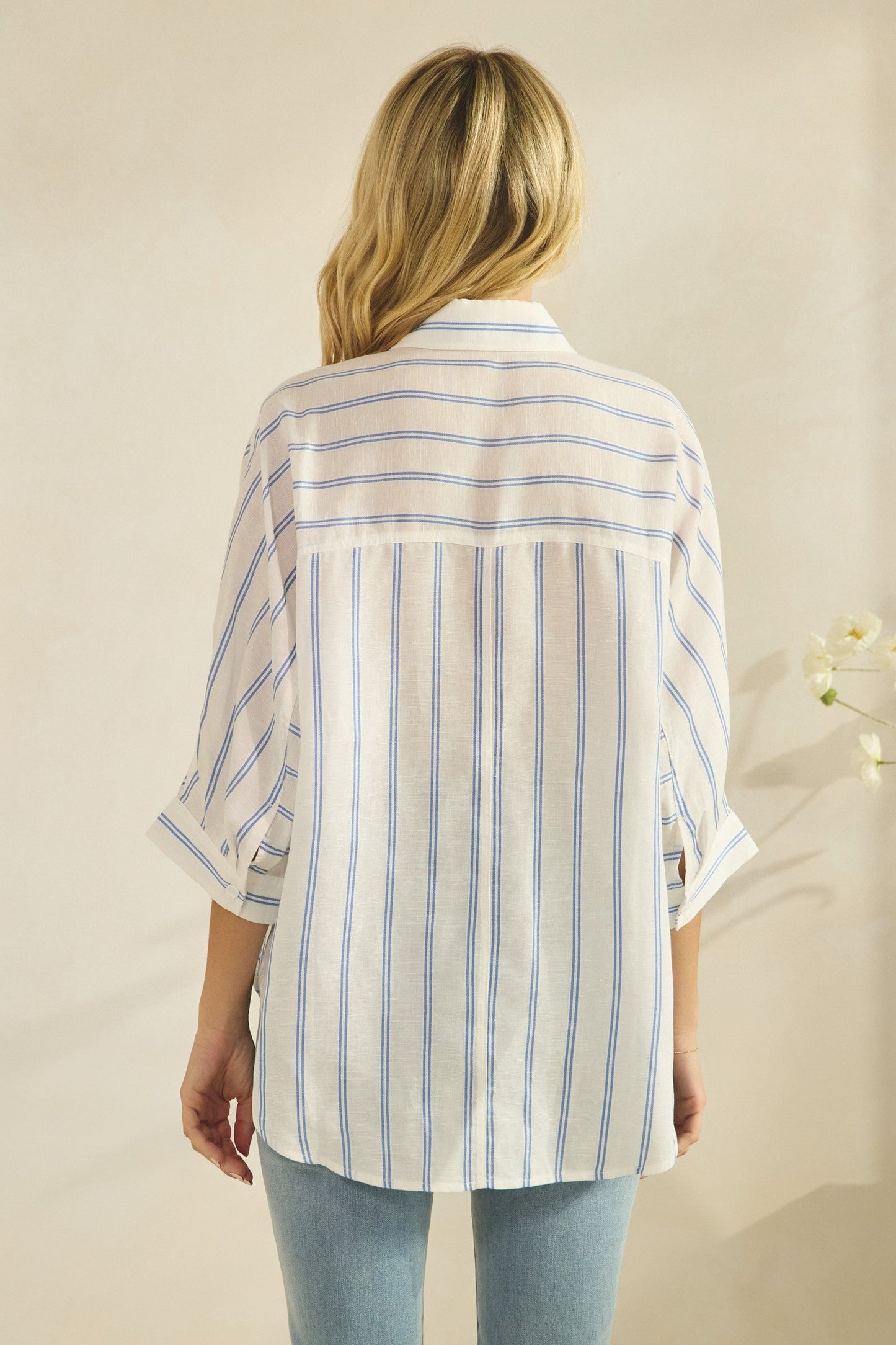 Trina 3/4 Sleeve Button Down Stripe Print Top White