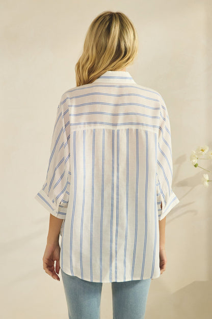 Trina 3/4 Sleeve Button Down Stripe Print Top White