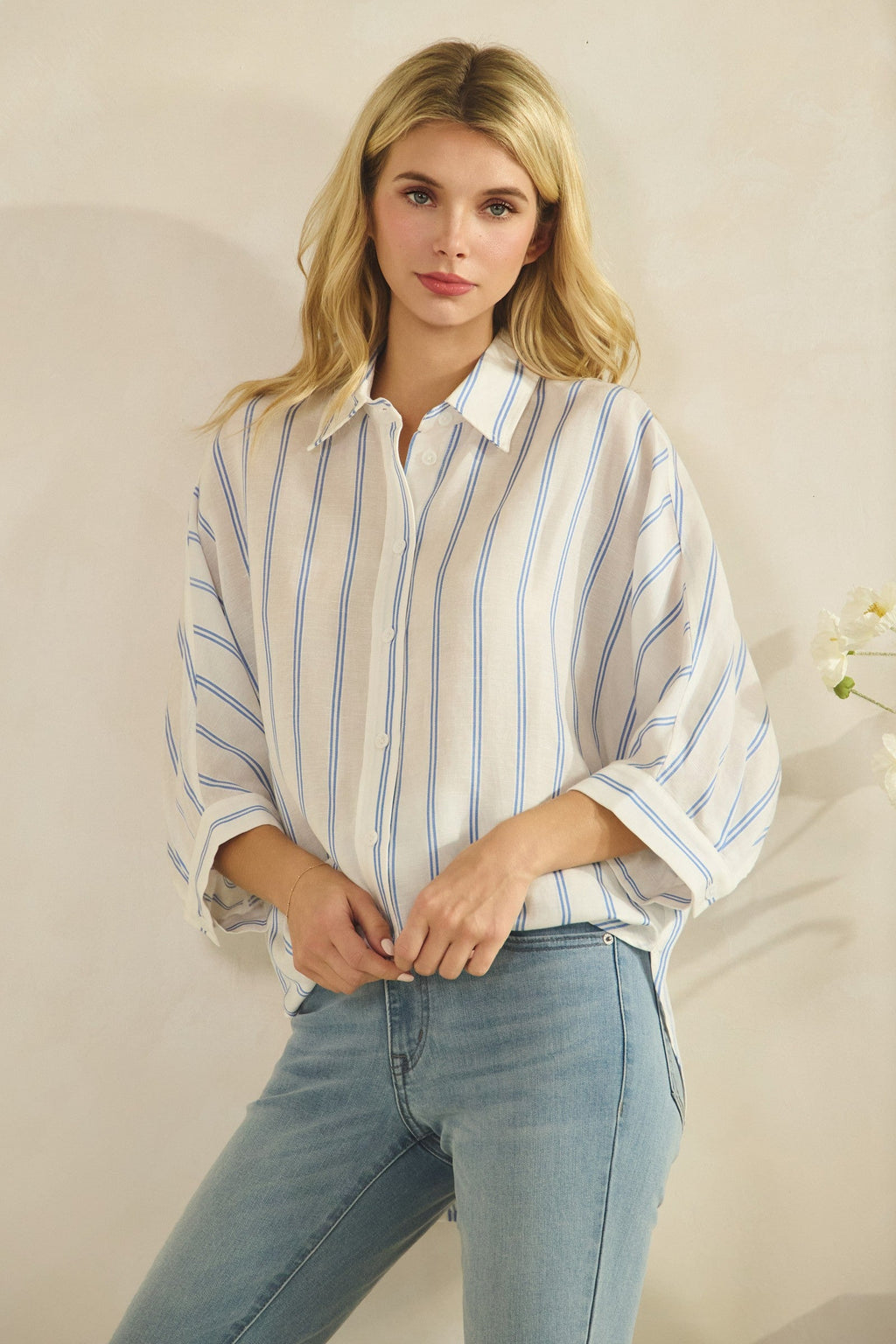 Trina 3/4 Sleeve Button Down Stripe Print Top White