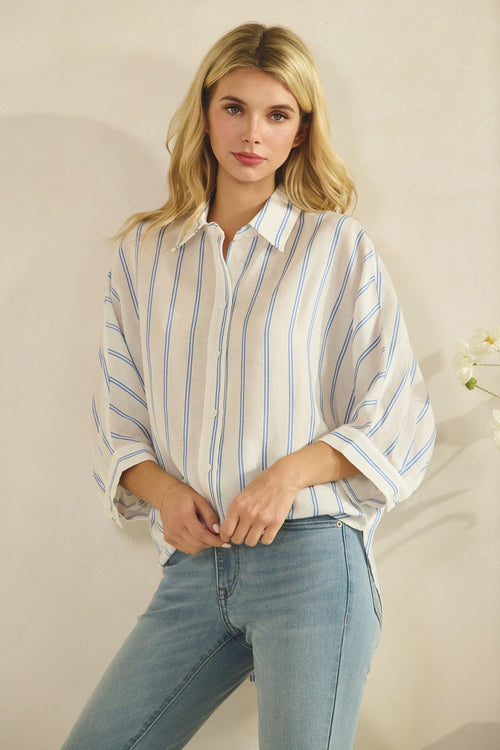 Trina 3/4 Sleeve Button Down Stripe Print Top White
