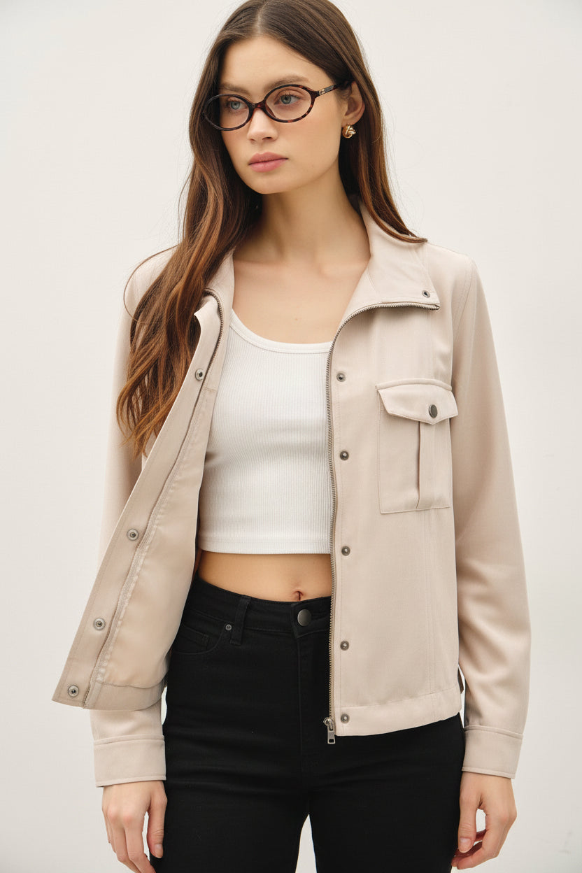 Miranda Long Sleeve Drawstring Utility Jacket Natural