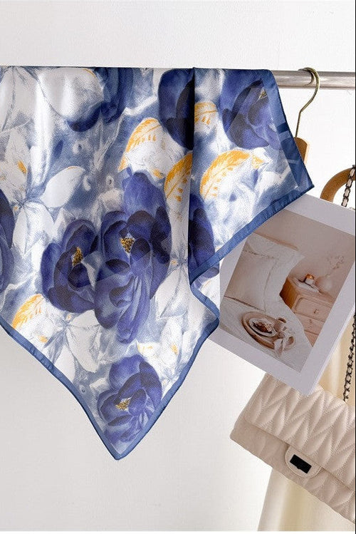 Carolina Floral Print Square Luxe Scarf Blue White