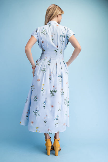 Shiloh Sleeveless Button Down Floral Print Midi Dress Blue
