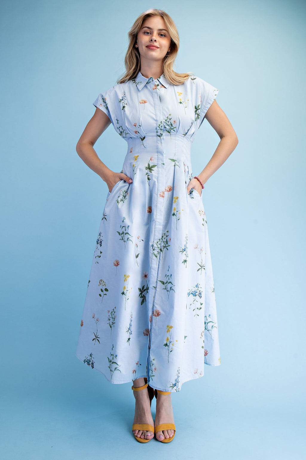 Shiloh Sleeveless Button Down Floral Print Midi Dress Blue