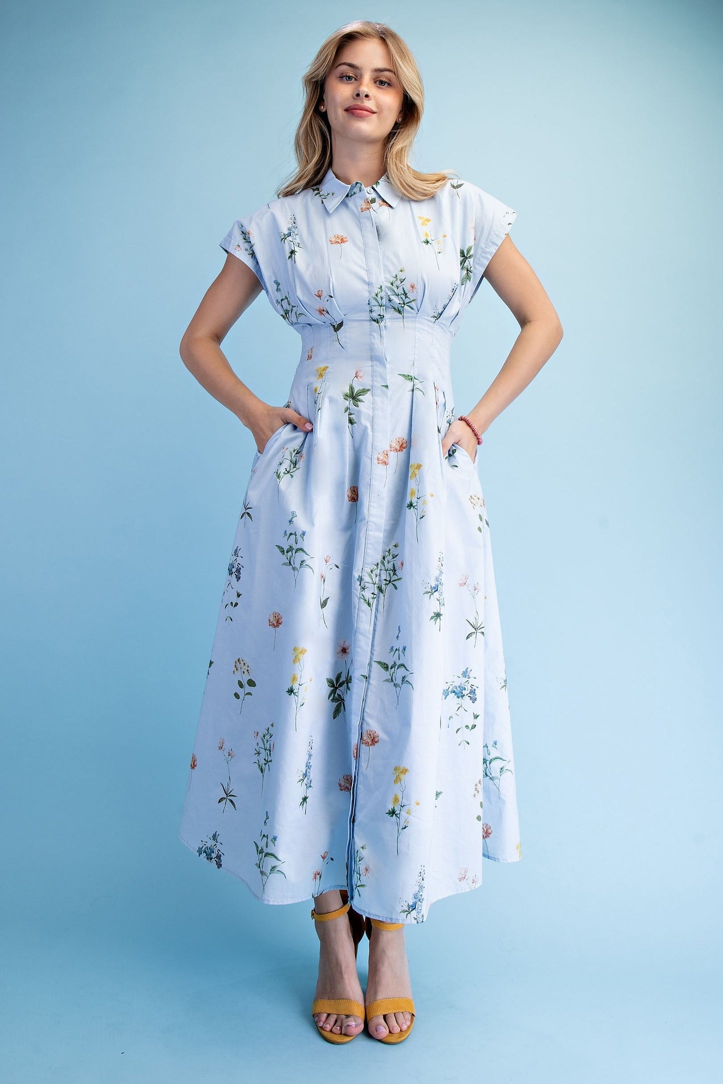 Shiloh Sleeveless Button Down Floral Print Midi Dress Blue