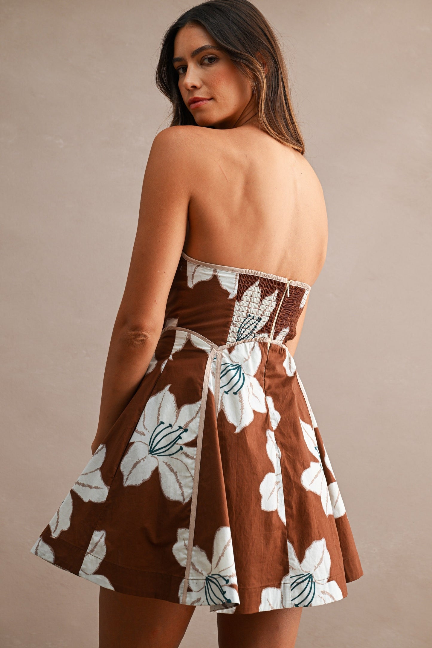 Mariah Sleeveless Floral Print Mini Dress Brown