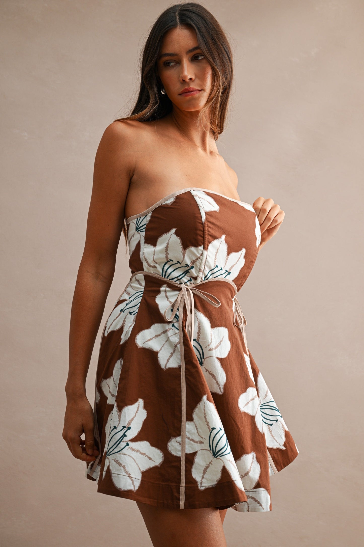 Mariah Sleeveless Floral Print Mini Dress Brown