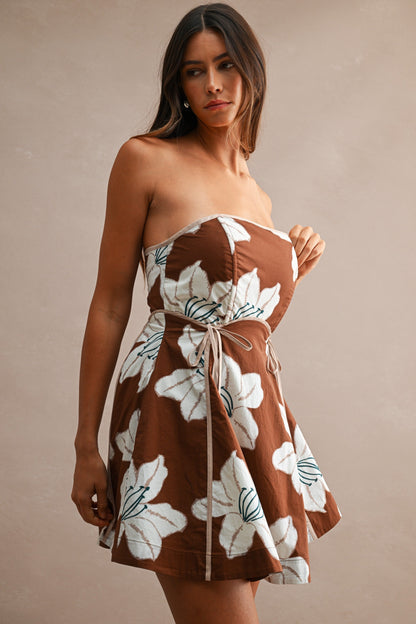 Mariah Sleeveless Floral Print Mini Dress Brown