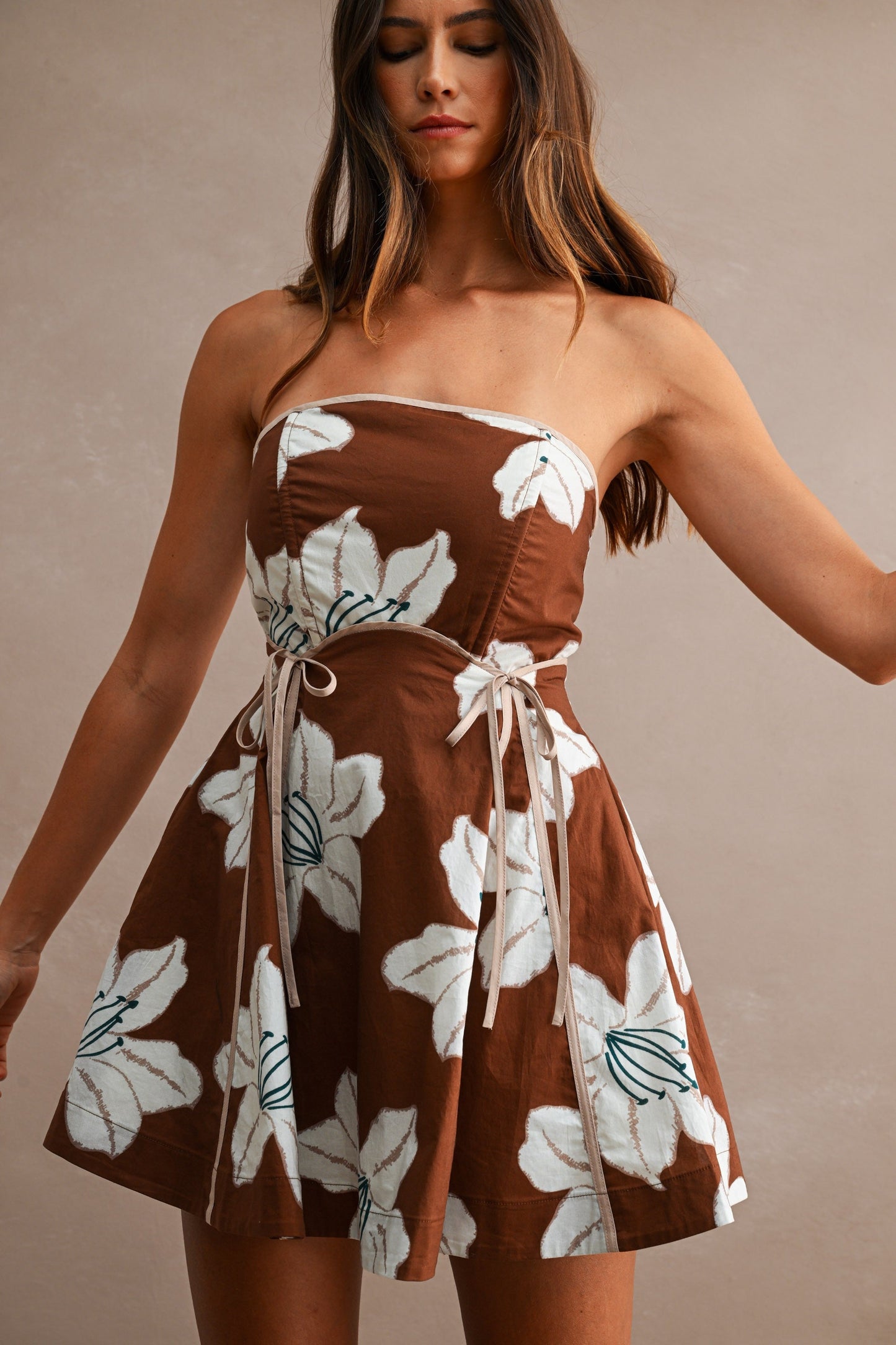 Mariah Sleeveless Floral Print Mini Dress Brown