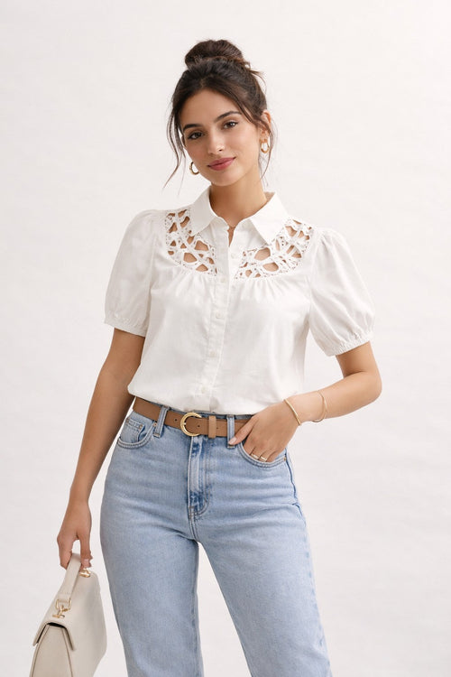 Toni Short Puff Sleeve Contemporary Cut Out Moment Button Down Top White
