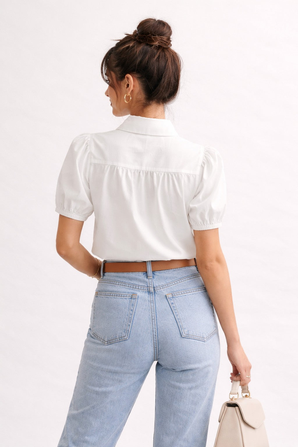 Toni Short Puff Sleeve Contemporary Cut Out Moment Button Down Top White
