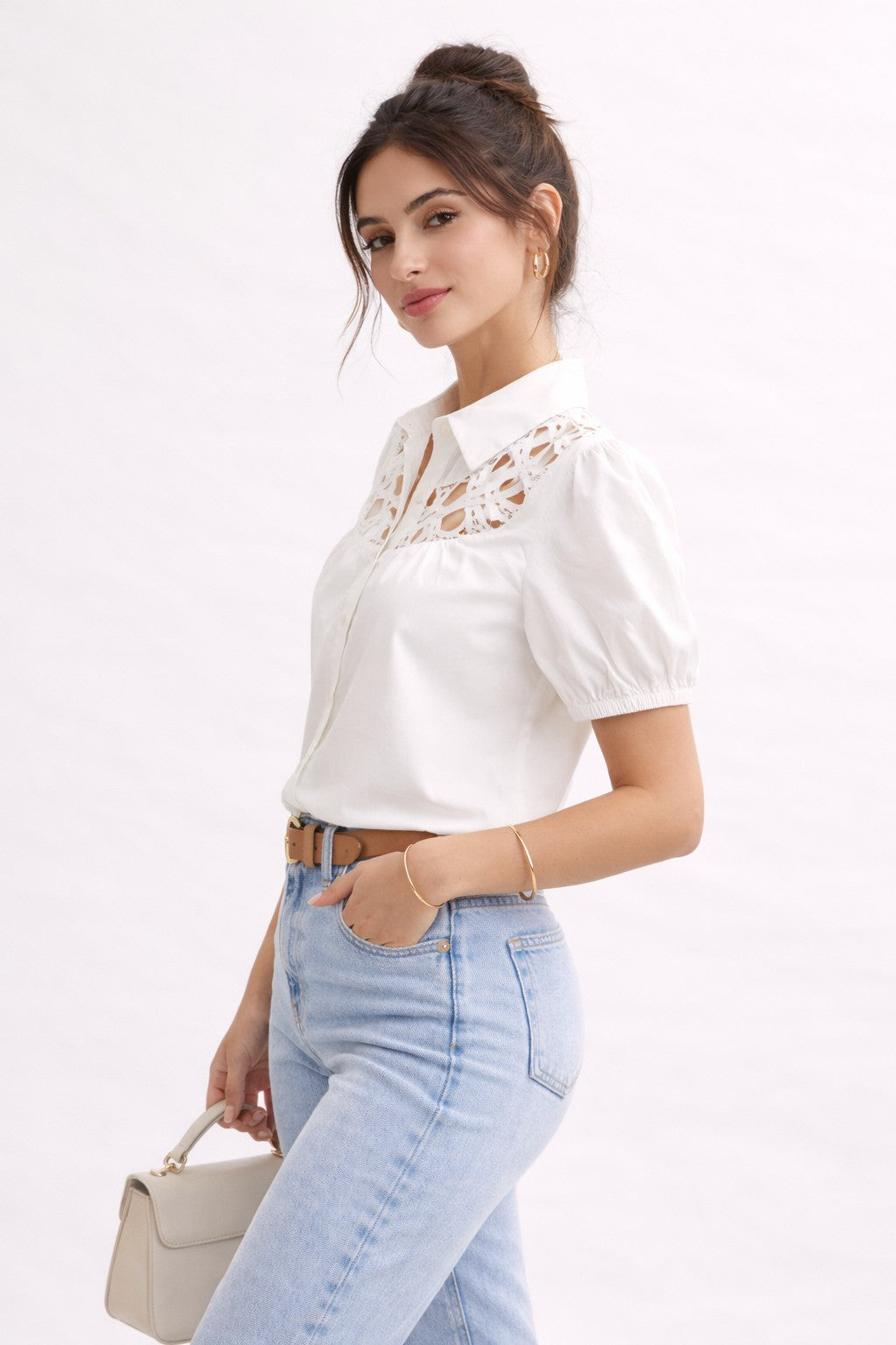 Toni Short Puff Sleeve Contemporary Cut Out Moment Button Down Top White