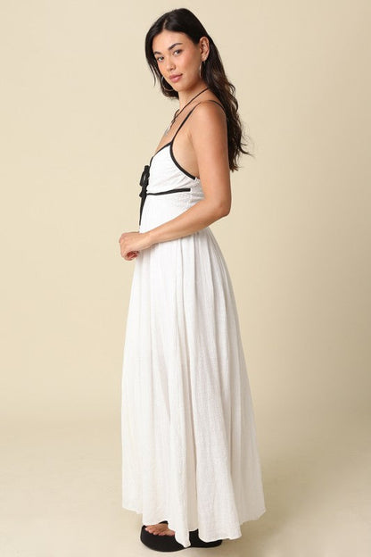 Waitlist 7/4 • Amani Sleeveless Open Back Contrast Tie Maxi Dress White