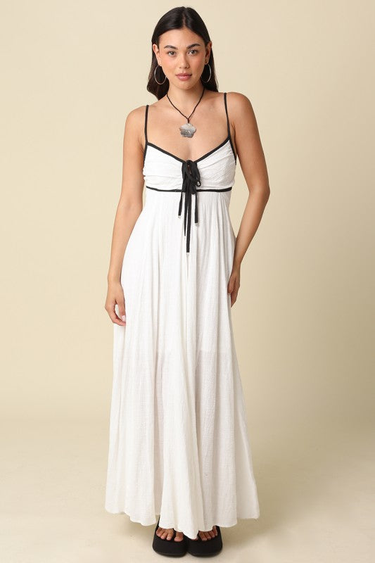 Waitlist 7/4 • Amani Sleeveless Open Back Contrast Tie Maxi Dress White