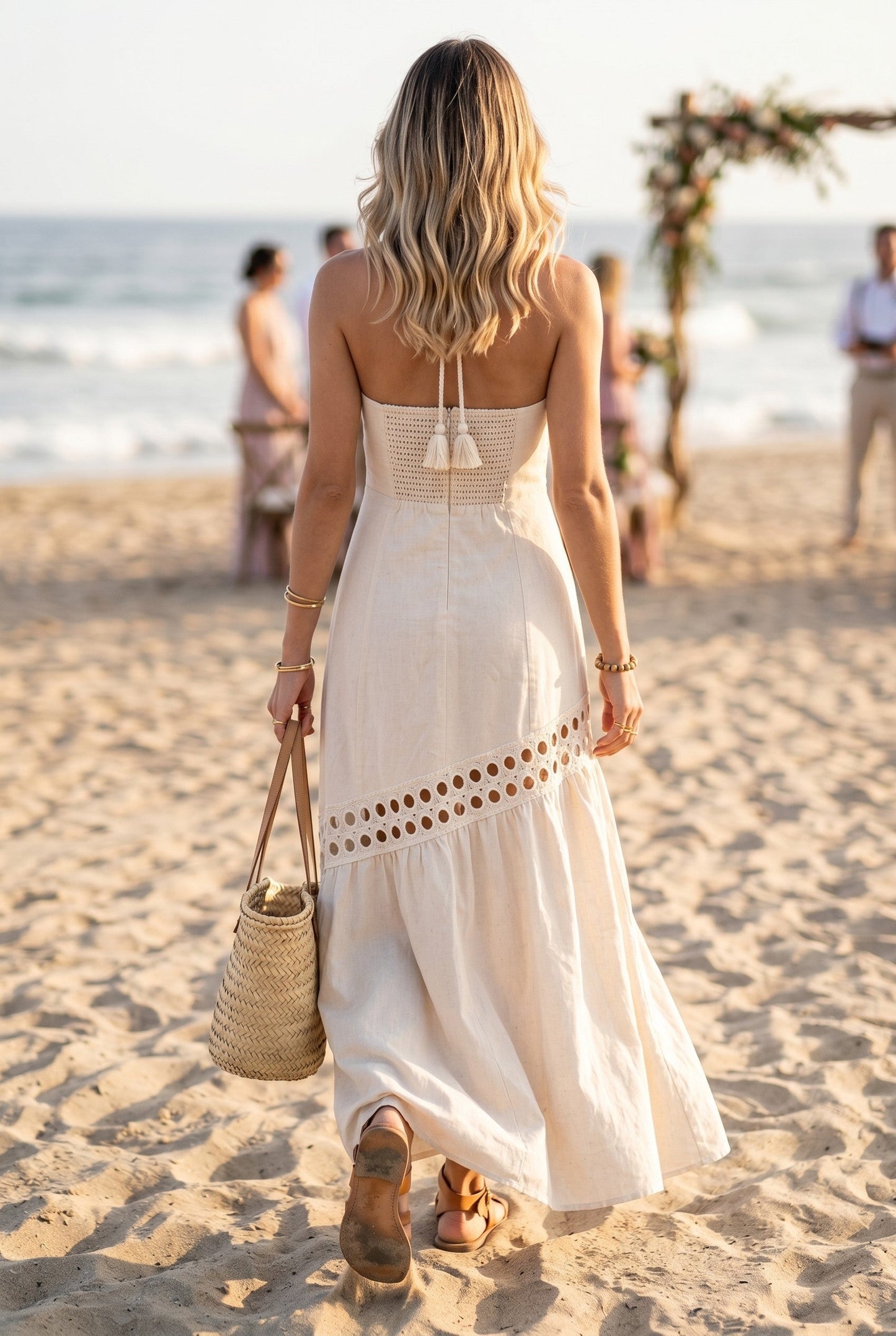 Waitlist 8/5 • Maxine Sleeveless Sun Kissed Cutwork Lace Maxi Dress Natural