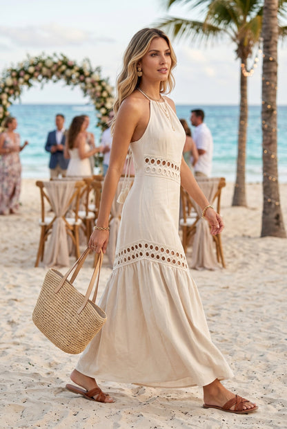 Waitlist 8/5 • Maxine Sleeveless Sun Kissed Cutwork Lace Maxi Dress Natural