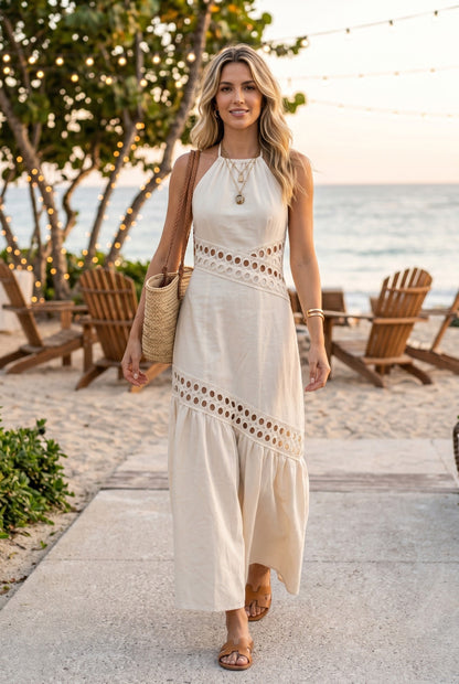Waitlist 8/5 • Maxine Sleeveless Sun Kissed Cutwork Lace Maxi Dress Natural