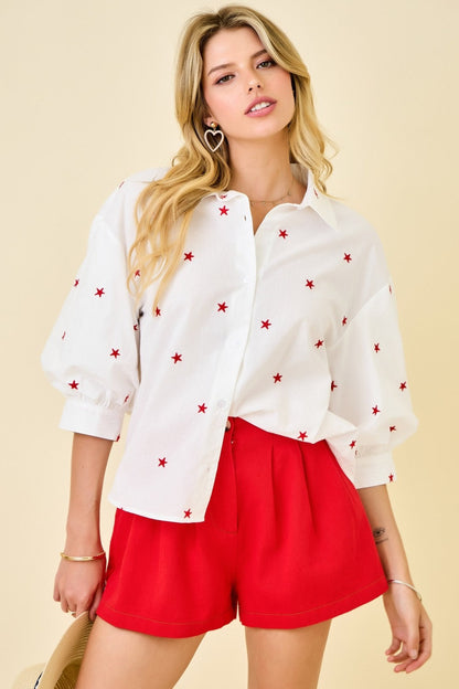 Tori 3/4 Puff Sleeve Button Down Star Print Top White