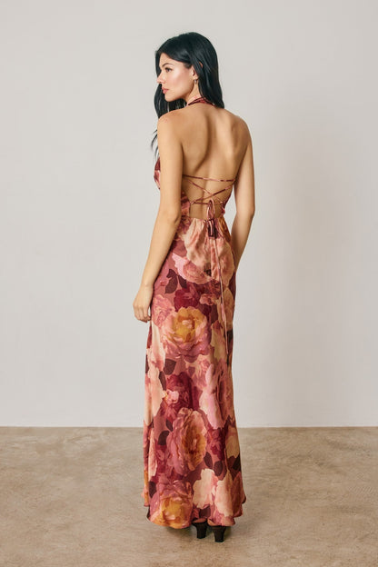 Waitlist 9/5 • Carina Sleeveless Halter Open Back Floral Print Maxi Dress Brown