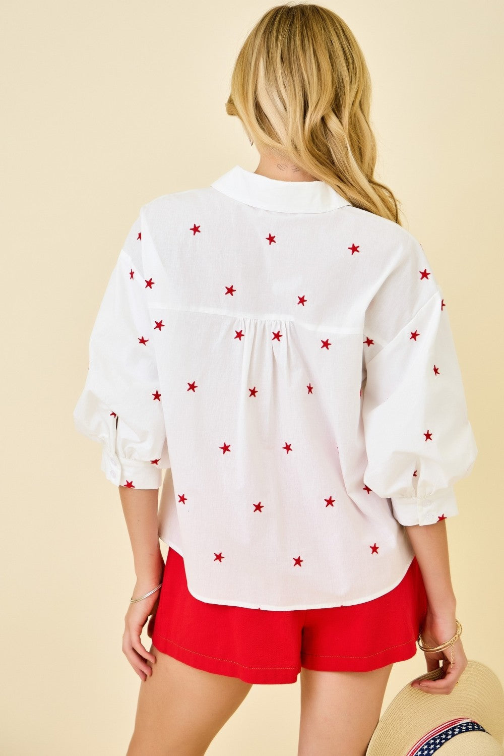 Tori 3/4 Puff Sleeve Button Down Star Print Top White