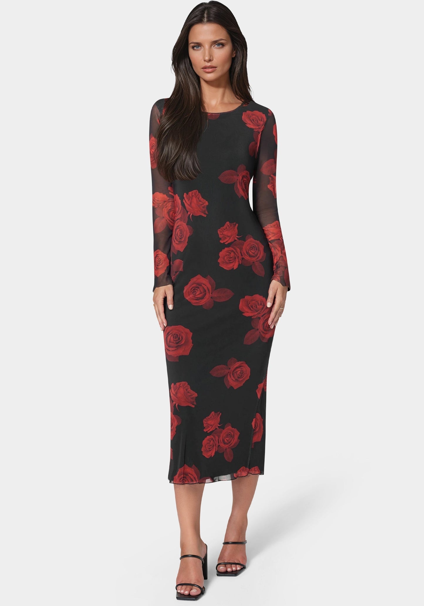 Long Sleeve Printed Powermesh Maxi