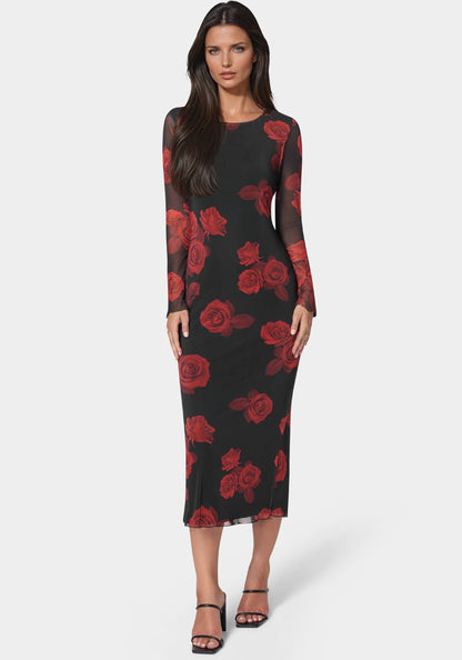 Long Sleeve Printed Powermesh Maxi