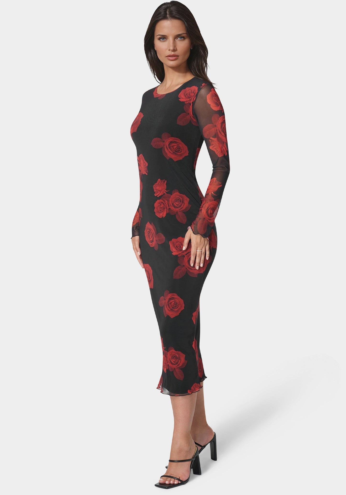 Long Sleeve Printed Powermesh Maxi