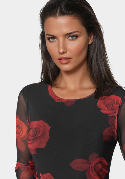 Long Sleeve Printed Powermesh Maxi