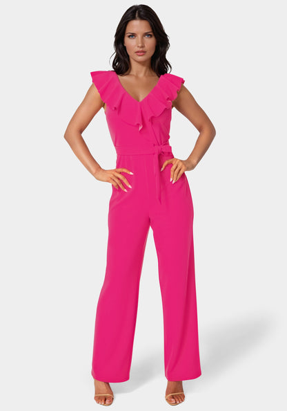 V-Neck Ruffle Scuba Crepe Jumpsuit