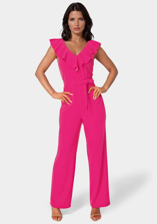 V-Neck Ruffle Scuba Crepe Jumpsuit