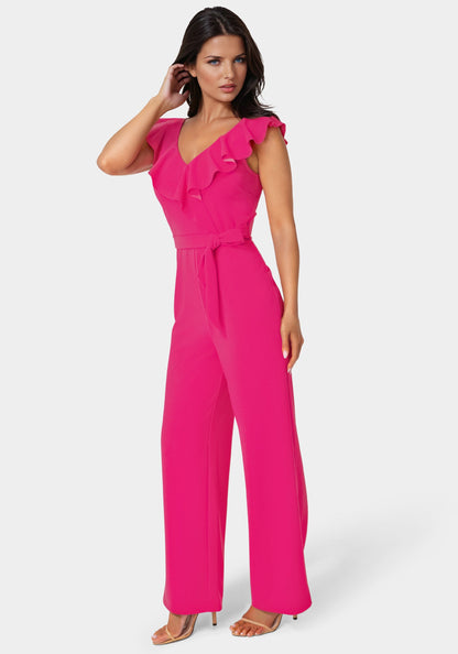 V-Neck Ruffle Scuba Crepe Jumpsuit