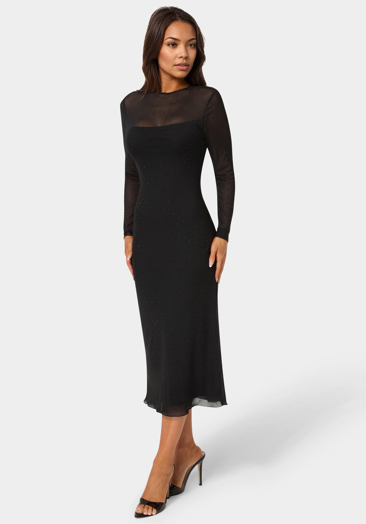 Rhinestone Mesh Long Sleeve Maxi Dress