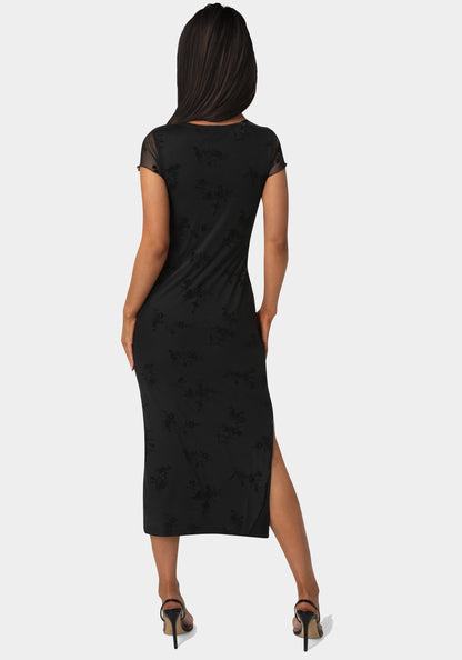 Flocking Mesh T-Shirt Maxi Dress