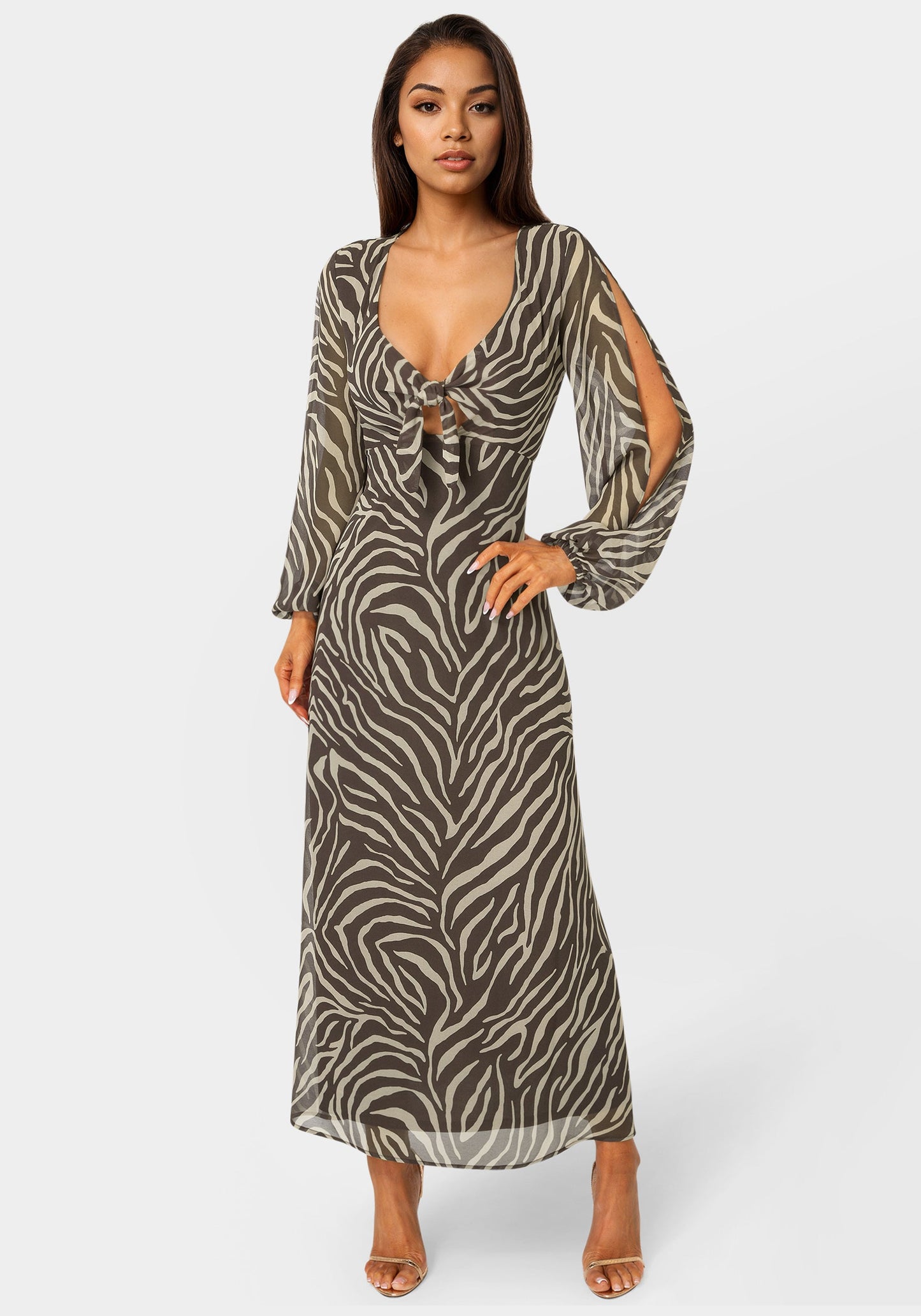 Printed Chiffon Tie Front Maxi Dress