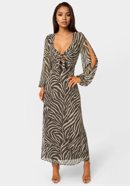 Printed Chiffon Tie Front Maxi Dress