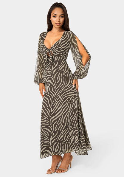 Printed Chiffon Tie Front Maxi Dress