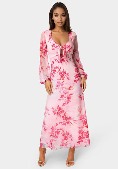 Printed Chiffon Tie Front Maxi Dress