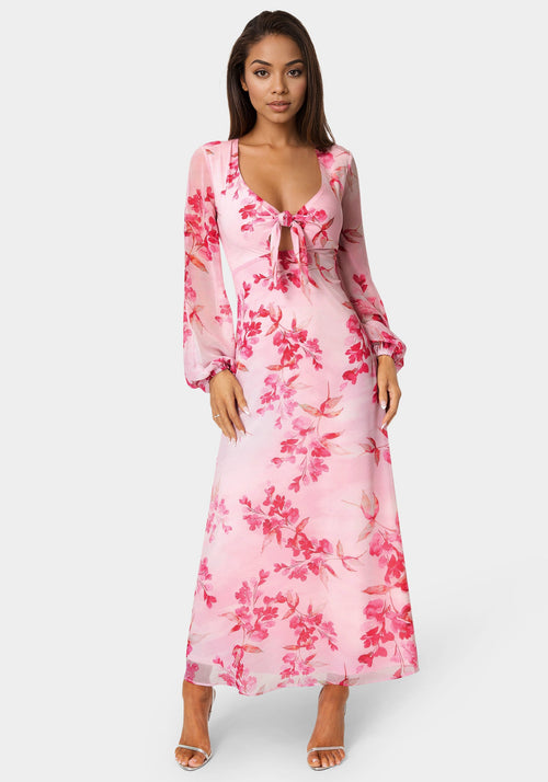 Printed Chiffon Tie Front Maxi Dress