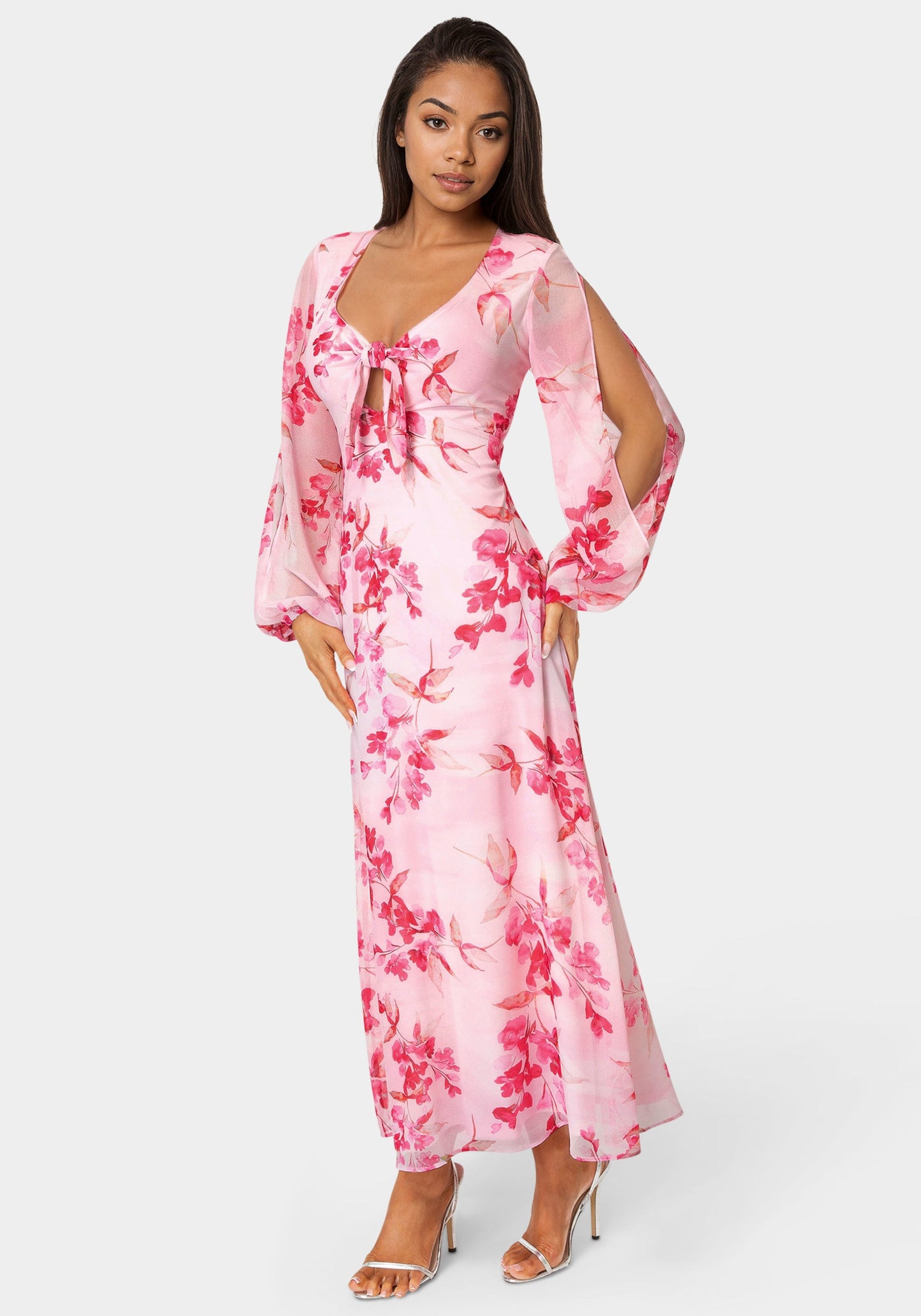 Printed Chiffon Tie Front Maxi Dress