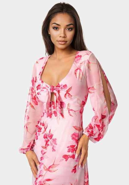 Printed Chiffon Tie Front Maxi Dress