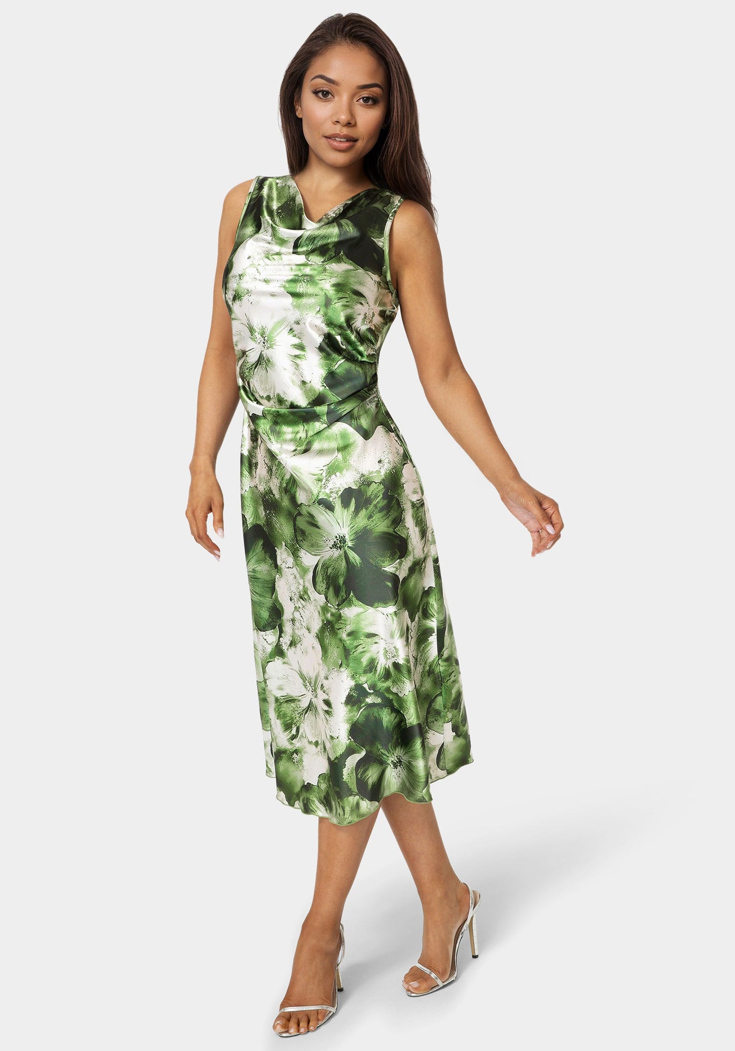 Printed Satin Cowl Maxi Dress