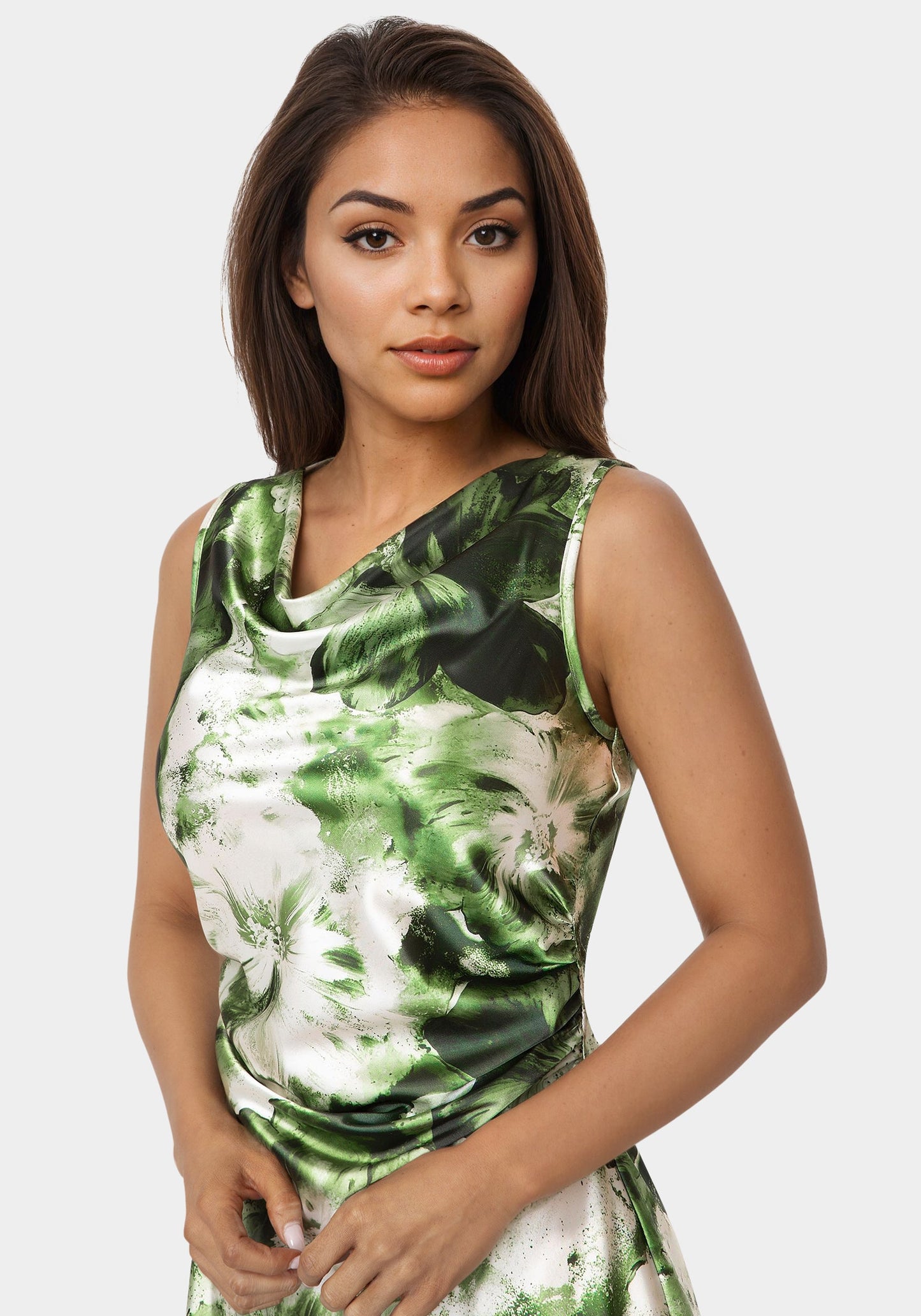 Printed Satin Cowl Maxi Dress